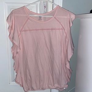 Super cute blush, ruffle shirt!